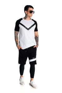 Black and white P/COC t-shirt with geometric design