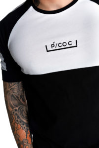 Black and white t-shirt with P/COC logo in front