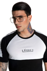 Black and white t-shirt with P/COC logo in front