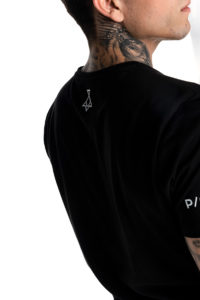 Black P/COC t-shirt with logo on sleeves