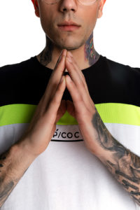 Black and white t-shirt with fluo and reflective details