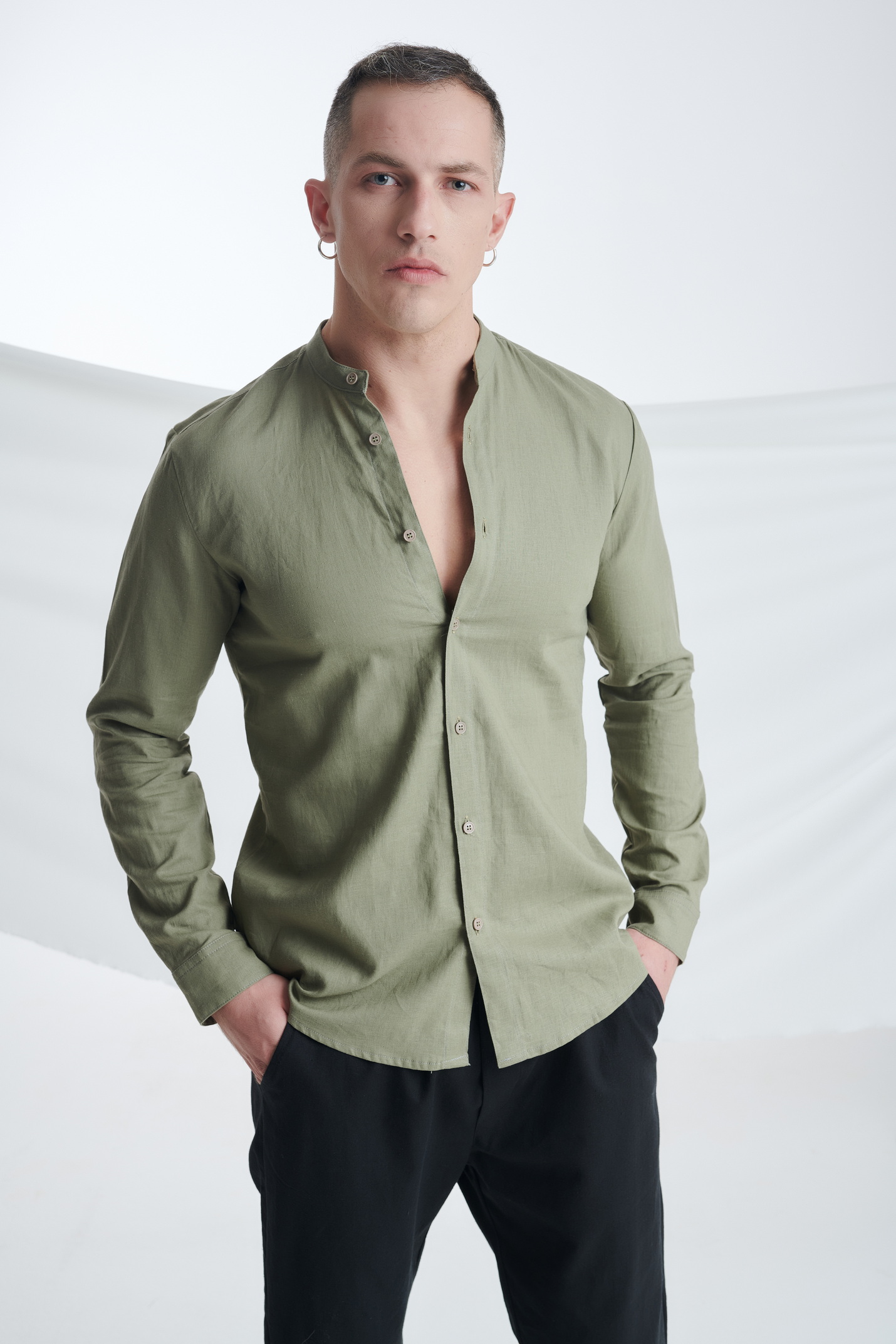 Λινό Πουκάμισο με Μάο Γιακά