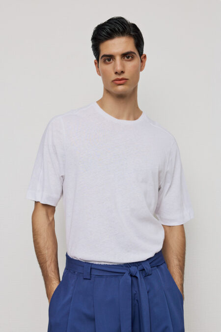 Λινή Κοντομάνικη Μπλούζα με Ραφές