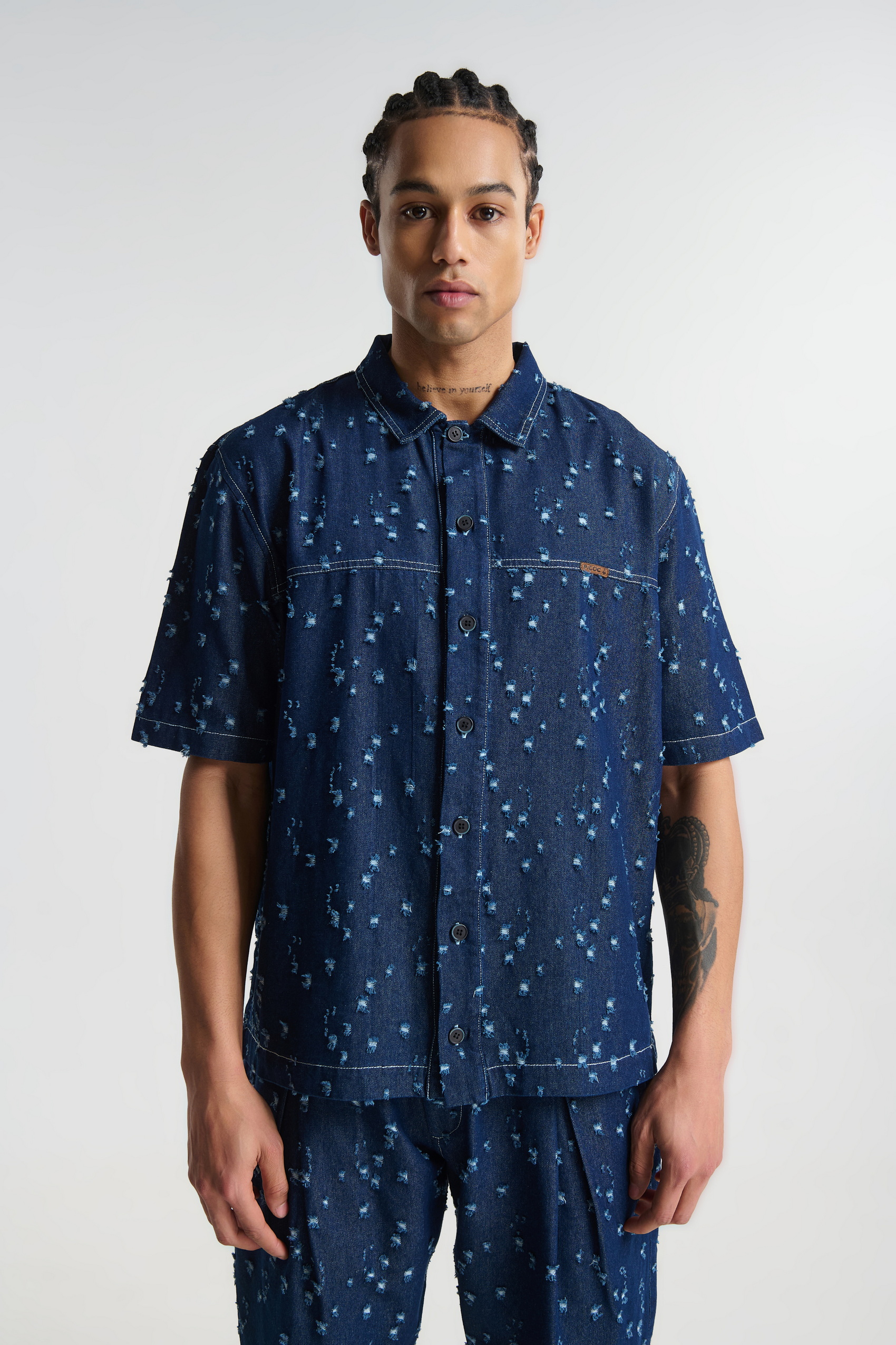 Κοντομάνικο Denim Πουκάμισο με Φθορές